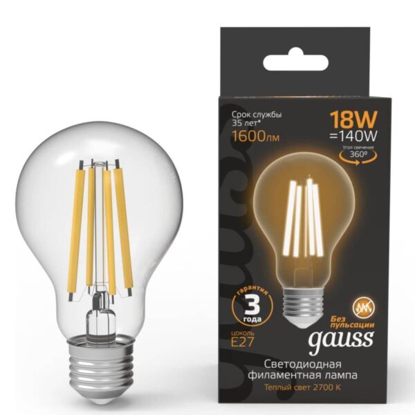 Купить Лампа светодиодная филаментная Gauss E27 18W 2700K прозрачная 102902118 по цене 699 руб.