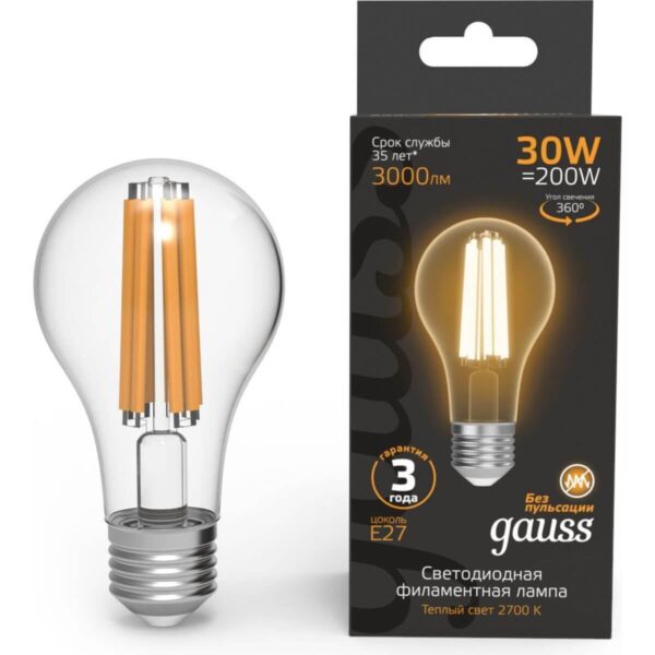Купить Лампа светодиодная филаментная Gauss E27 30W 2700K прозрачная 102902130 по цене 1079 руб.